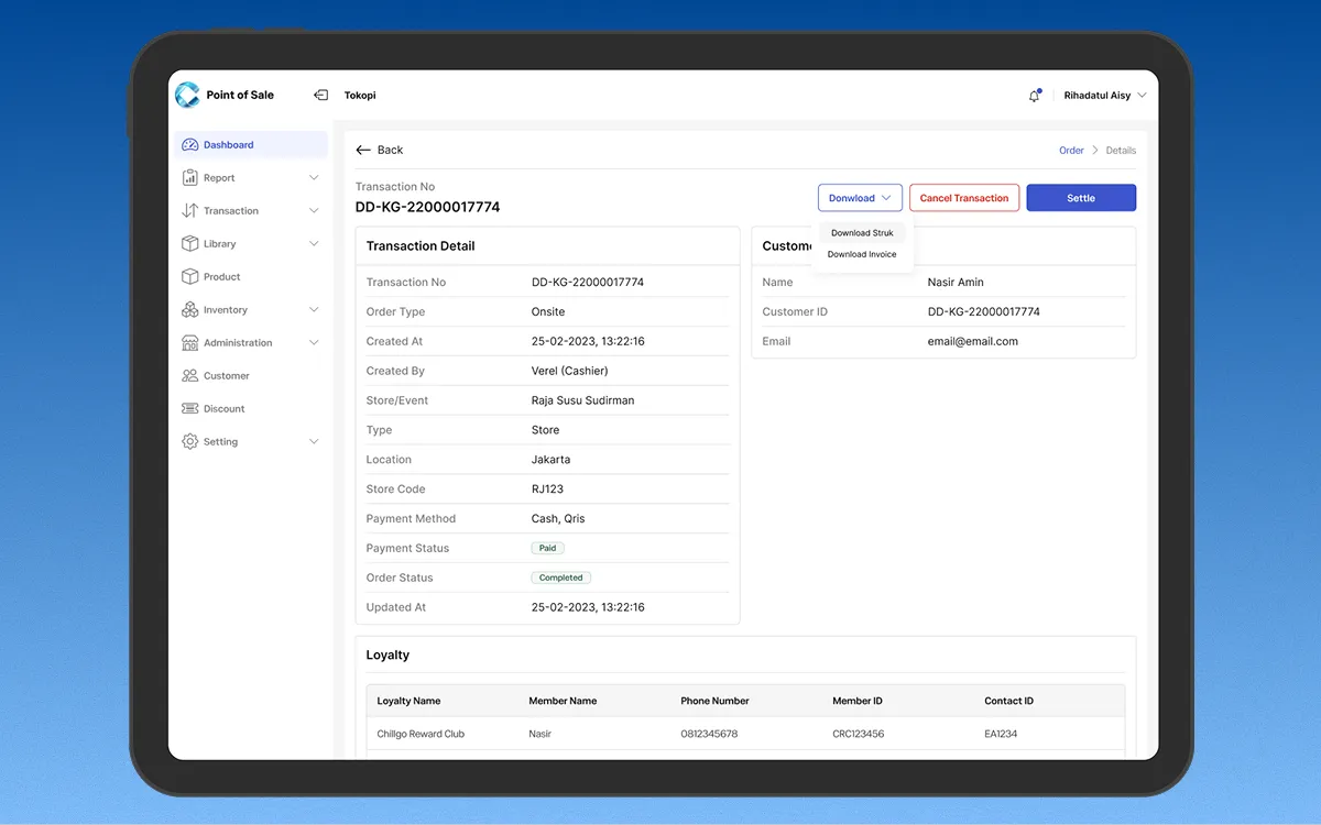 Detail Transaction screen